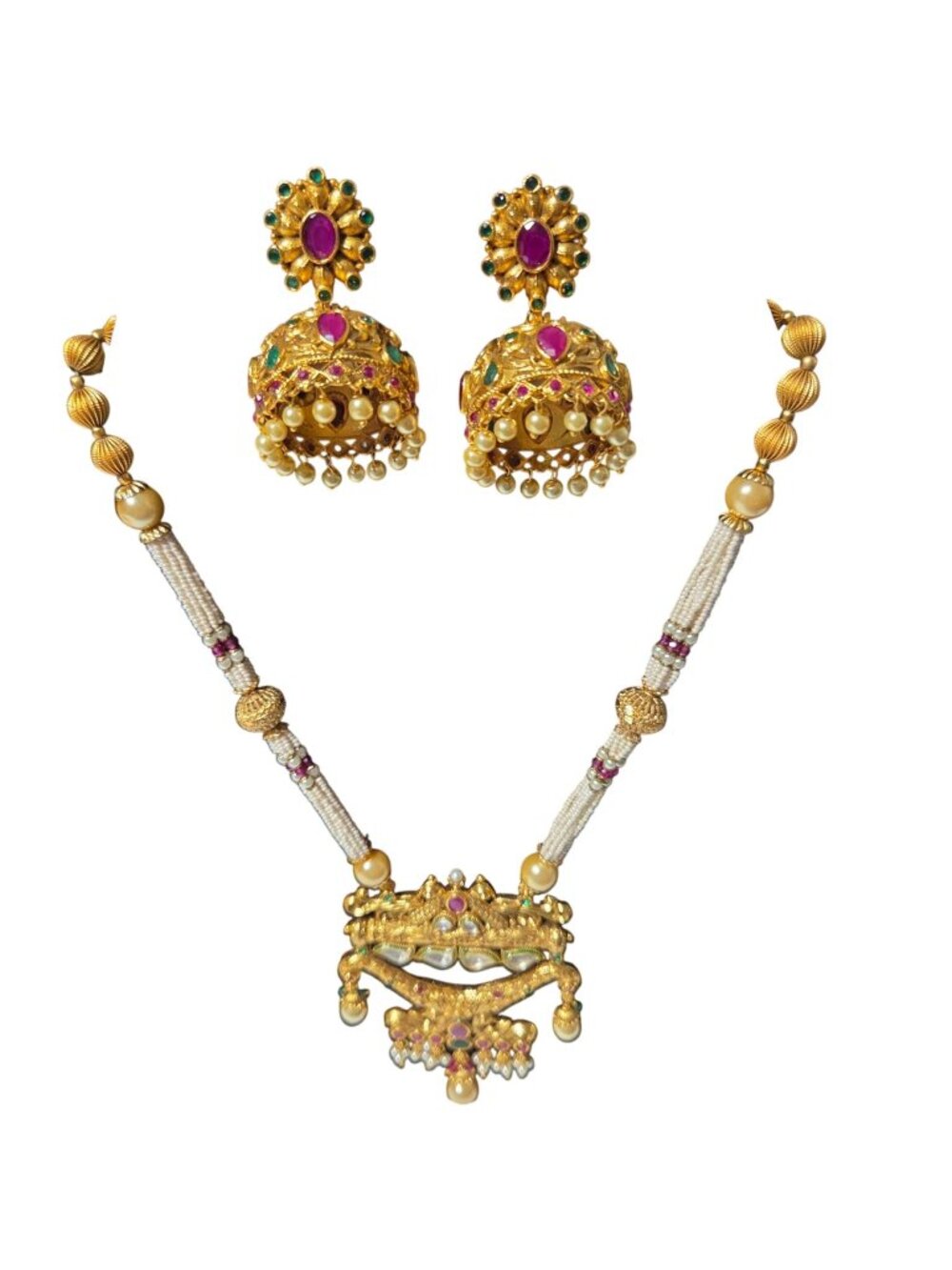 Traditional Jhumka Set Necklace Earrings Faux Pearls Gemstones Indian Bridal